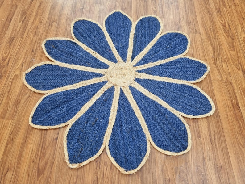 Blue Hand-Braided Jute Rug – Eco-Friendly Flower Design Area Rug