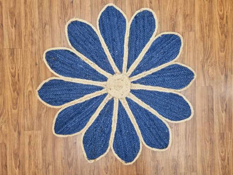 Blue Hand-Braided Jute Rug – Eco-Friendly Flower Design Area Rug