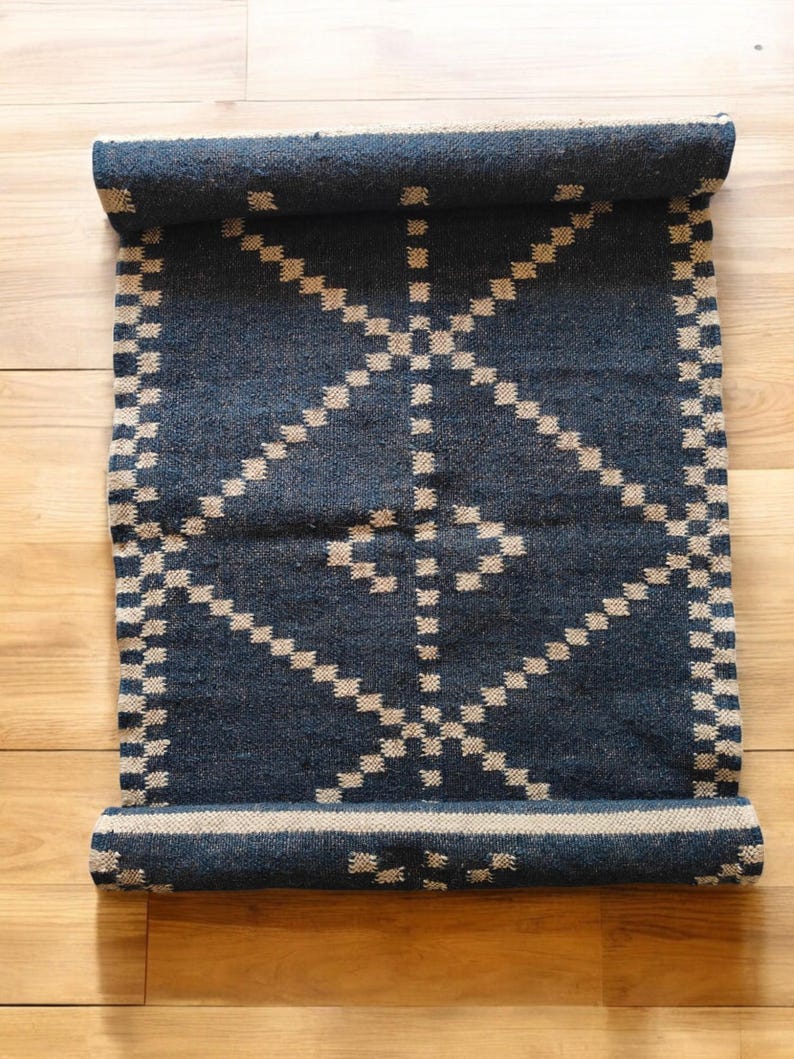 Handwoven Black Wool And Jute Runner/Handmade Kilim Runner Rug For Stair Decor