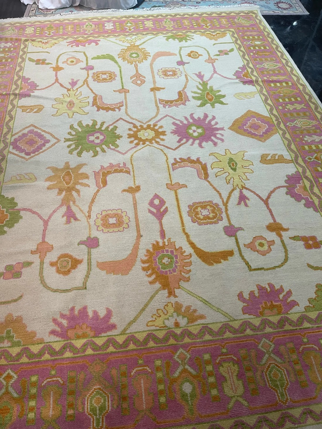 Geometric Oushak Wool Carpet, Handwoven Oushak Carpets