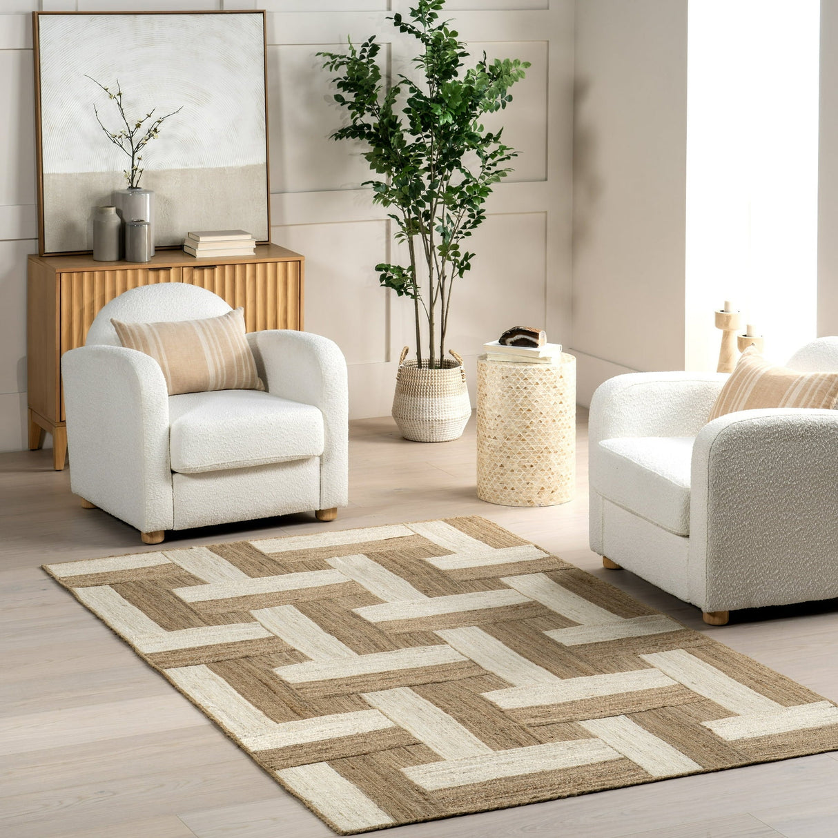 Natural Florentina Jute Rug – Geometric Links Pattern Area Carpet