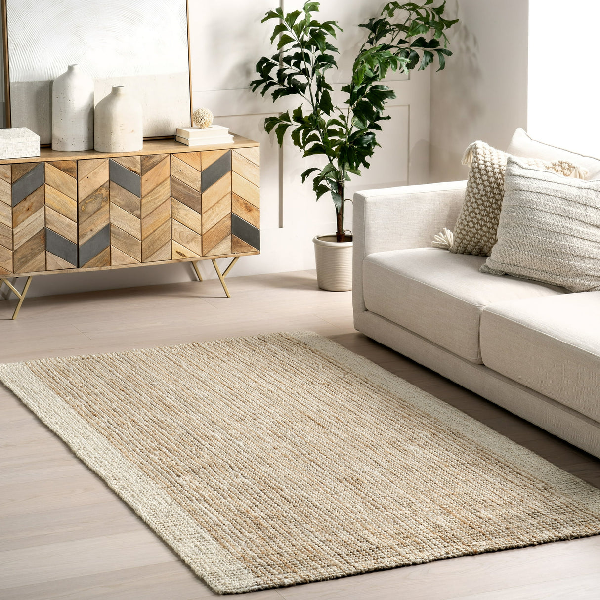 Ivory Classic Striped Border Hemp Jute Area Rug