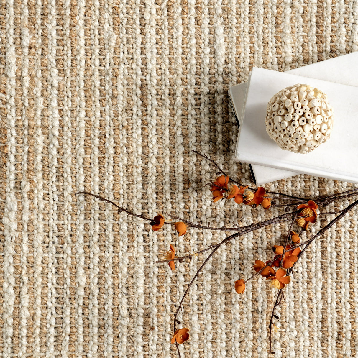 Ivory Classic Striped Border Hemp Jute Area Rug