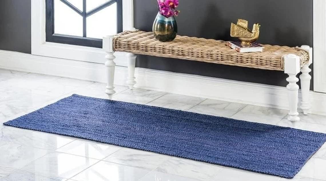 Natural Jute Hand Braided Bohemian Blue Jute Area Rugs