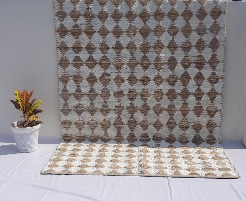 Tapis en coton et jute blanc à motif diamant Boho Tapis en coton tissé à la main 