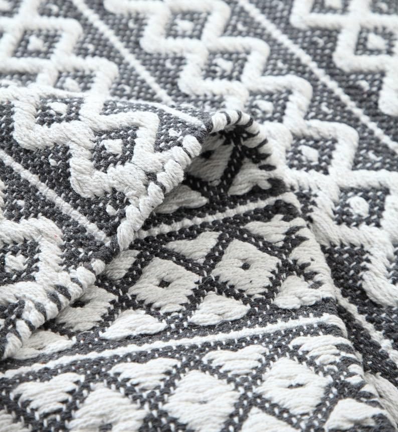 Cotton Rugs For Living Room Zig Zag Pattern Handmade Reversible Grey White Border Rug