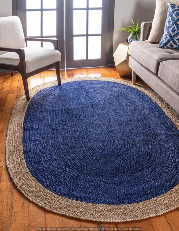 Navy with Beige Border Handmade Rustic Jute Area Rugs