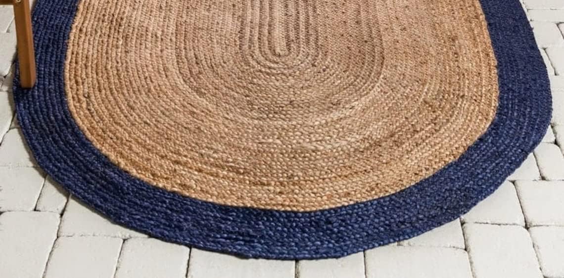 Natural Boho Area Rug with Blue Border – Eco-Friendly Home Decor