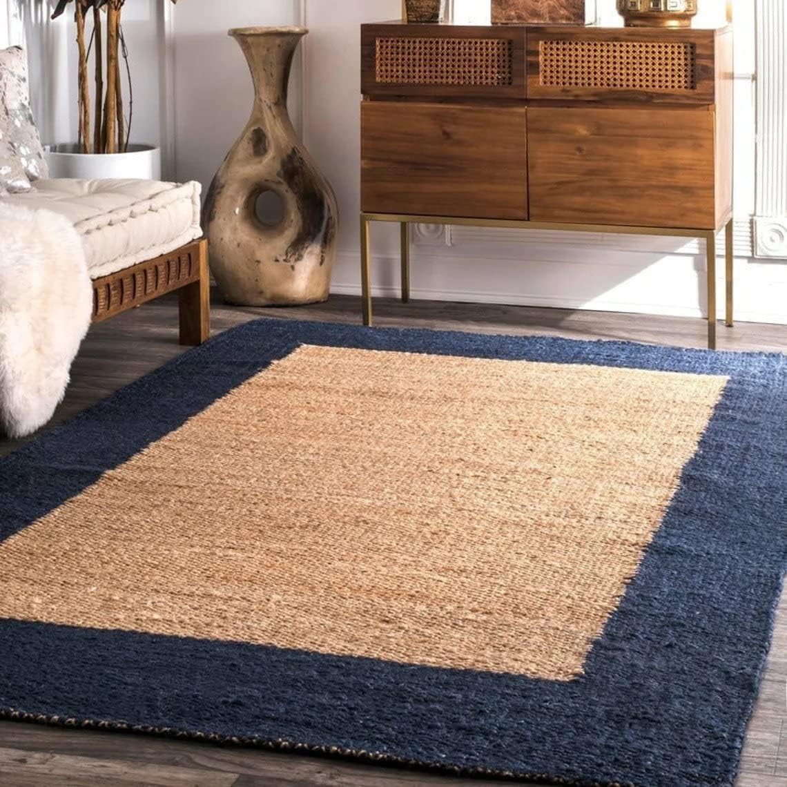 Natural Boho Area Rug with Blue Border – Eco-Friendly Home Decor