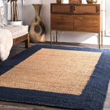 Natural Boho Area Rug with Blue Border – Eco-Friendly Home Decor