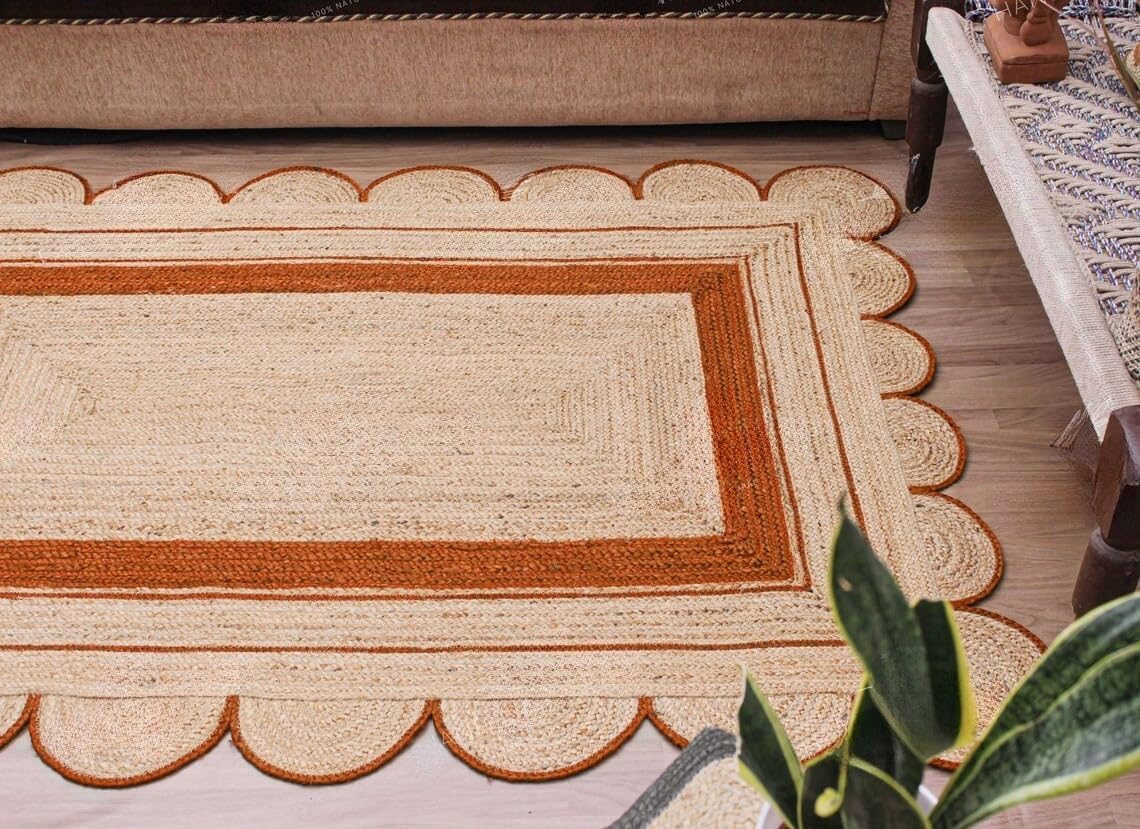Bohemian scalloped rug Unique Design Natural Jute Area Rug