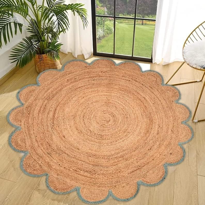 Round Jute Carpet Rug with multi Color border  For Home, Living Room
