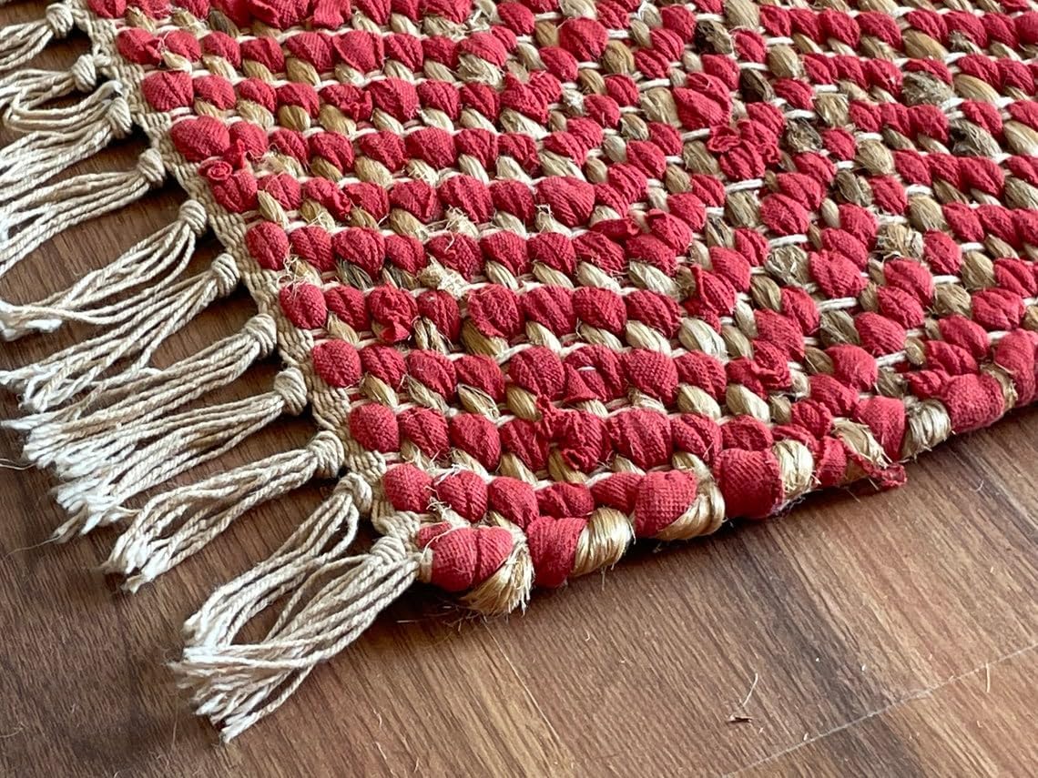 Hemp Dhurrie Rugs, Traditional Red  Footboard entryway Rug Chic Victorian Hipster