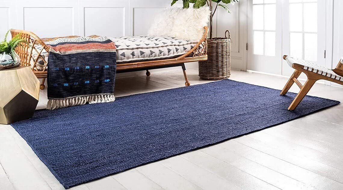 Natural Jute Hand Braided Bohemian Blue Jute Area Rugs