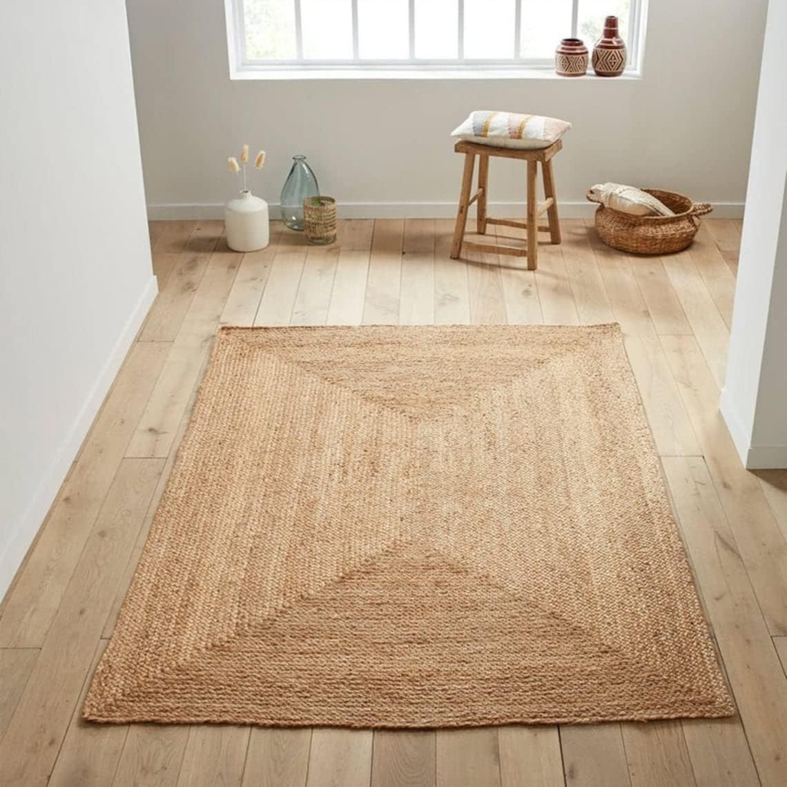 Braided Jute Beige with Design Border Bohemian  Natural Jute Rugs