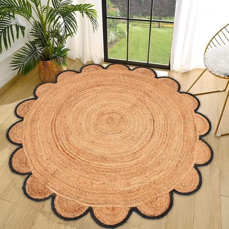 Round Jute Carpet Rug with multi Color border  For Home, Living Room
