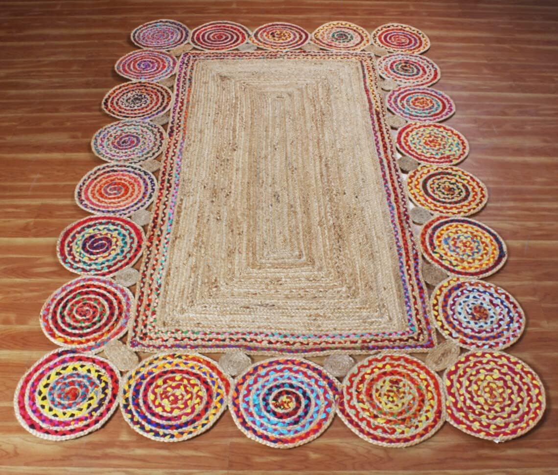 Hand Braided Pinwheel Multicolor Chindi Rug