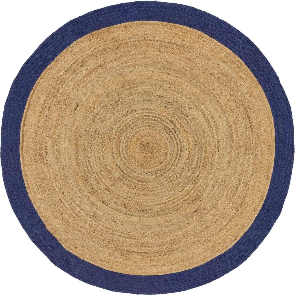 Natural Boho Area Rug with Blue Border – Eco-Friendly Home Decor