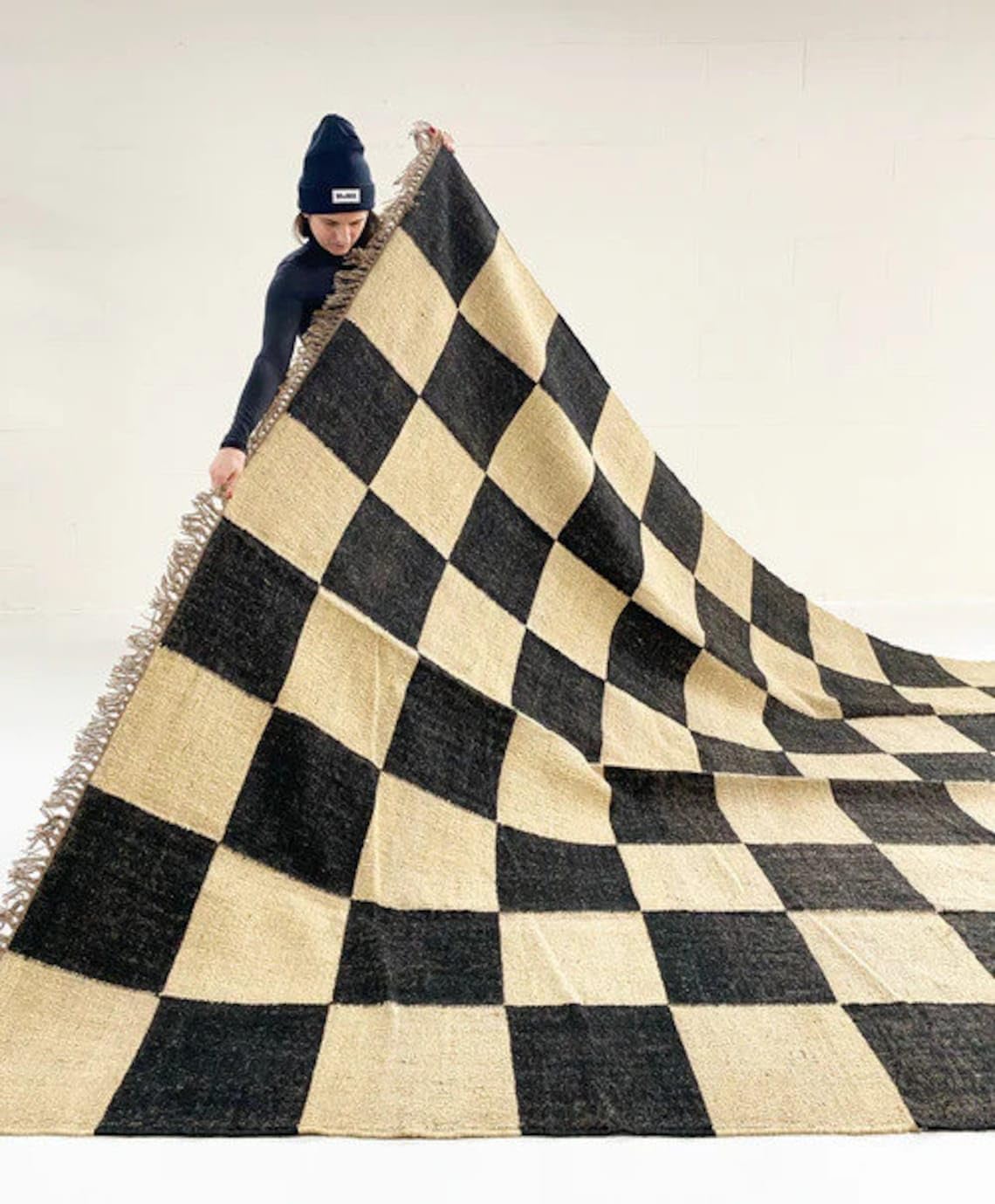 Wool Kilim Area Rugs,Checkered Pattern Black Color Ecofriendly Area Rug