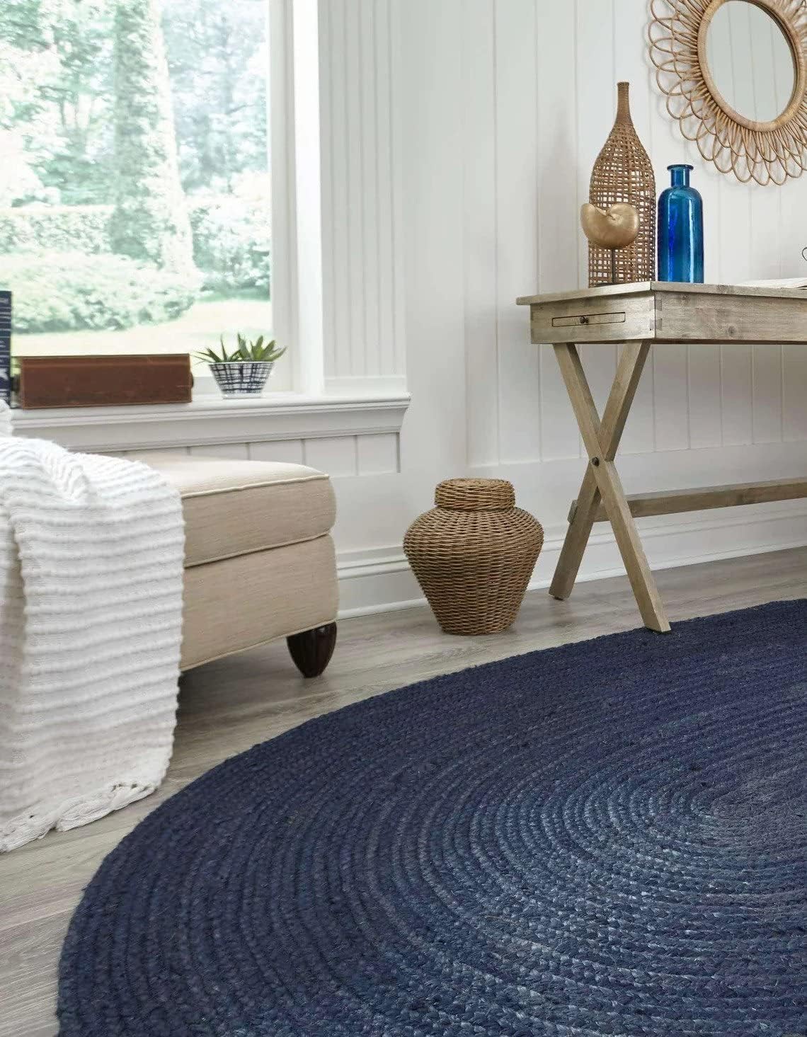 Natural Jute Hand Braided Bohemian Blue Jute Area Rugs