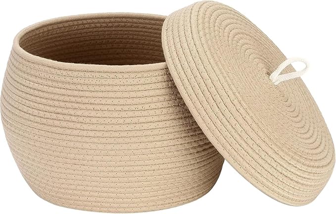 Round Cotton Rope Storage Basket with Lid, Decorative Woven Storage Bin, Pot, Caddy, Organizer, Container for Snacks