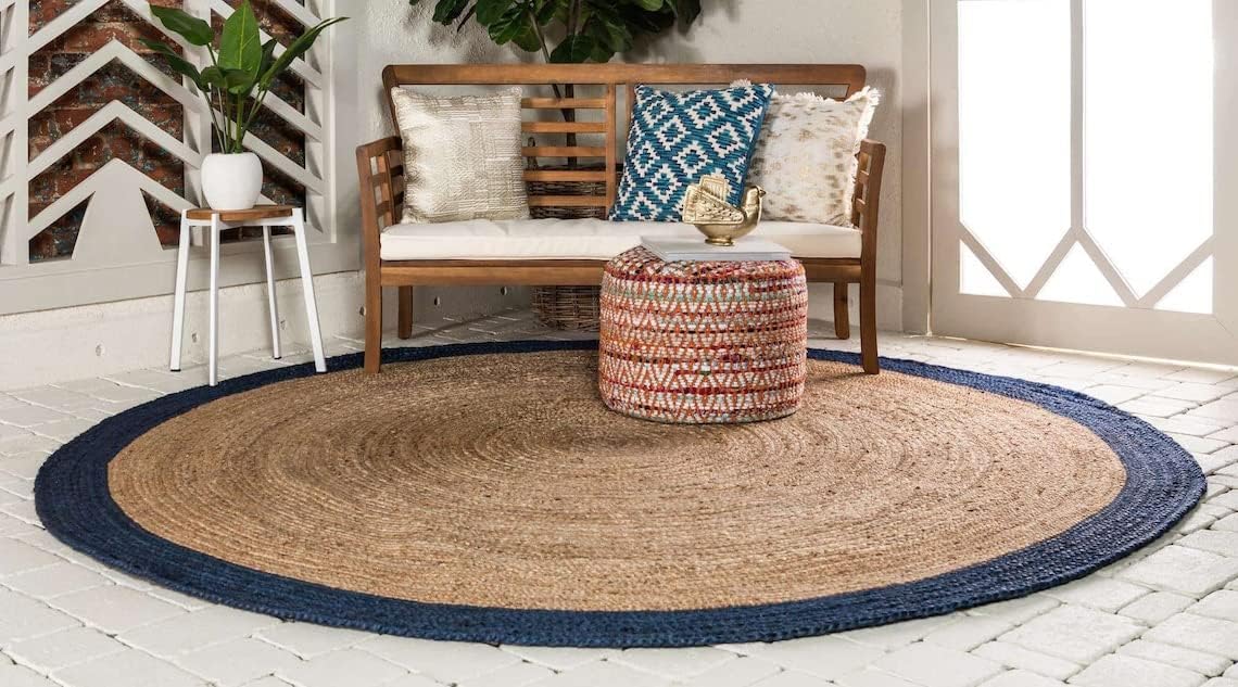Natural Boho Area Rug with Blue Border – Eco-Friendly Home Decor