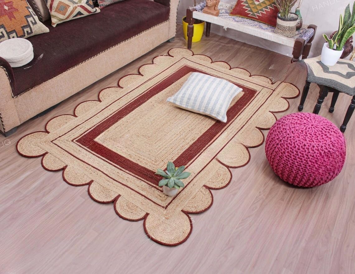 Bohemian scalloped rug Unique Design Natural Jute Area Rug