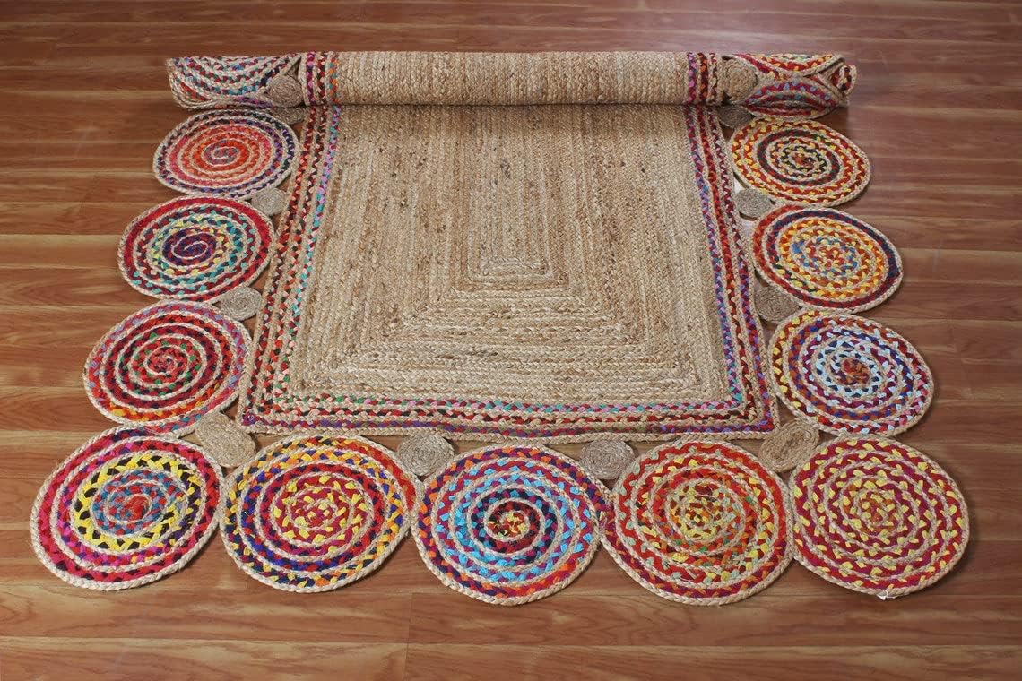 Hand Braided Pinwheel Multicolor Chindi Rug