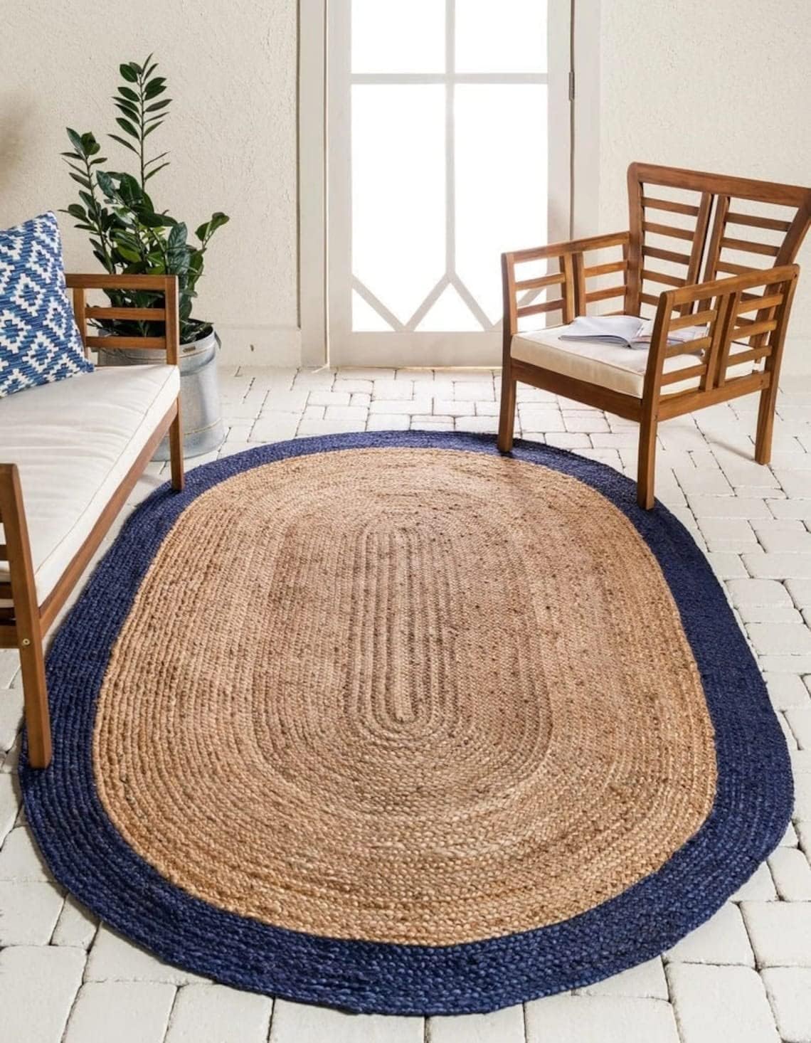Natural Boho Area Rug with Blue Border – Eco-Friendly Home Decor