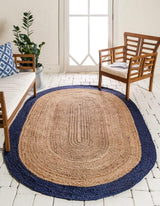 Natural Boho Area Rug with Blue Border – Eco-Friendly Home Decor