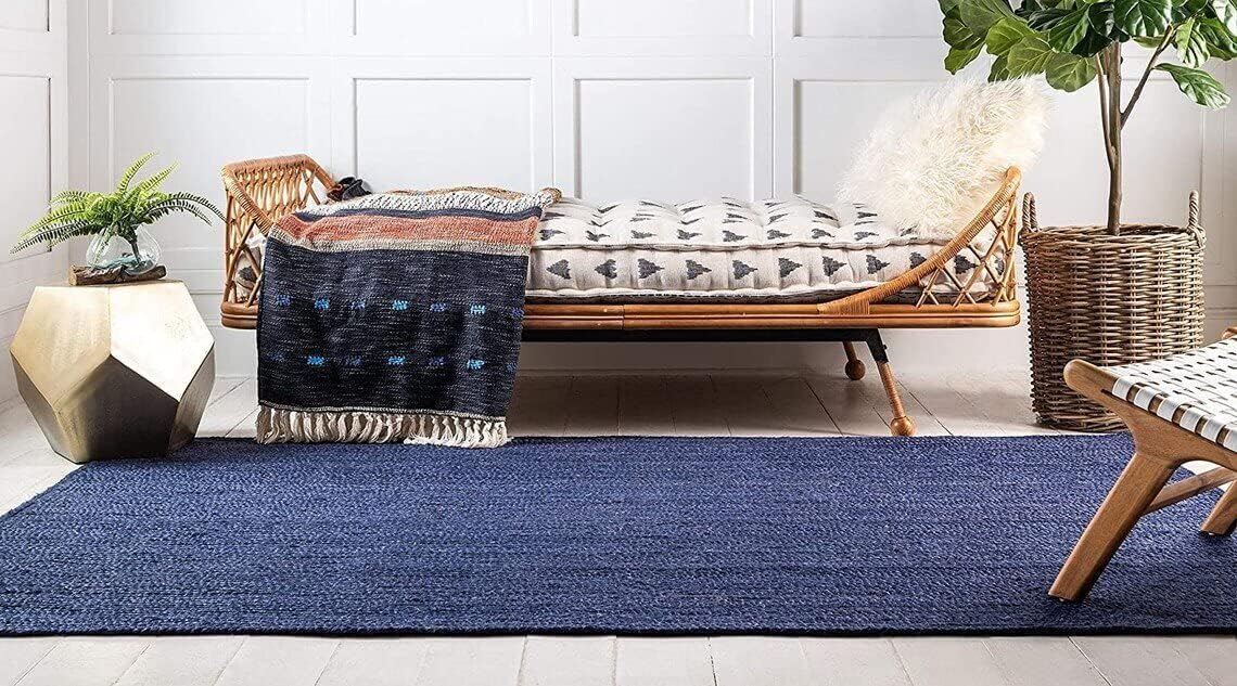 Natural Jute Hand Braided Bohemian Blue Jute Area Rugs