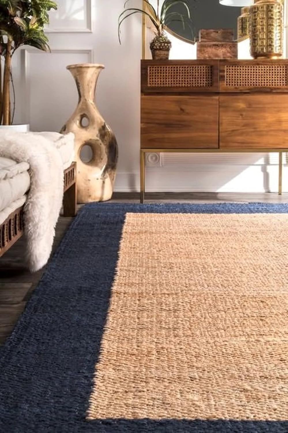 Natural Boho Area Rug with Blue Border – Eco-Friendly Home Decor