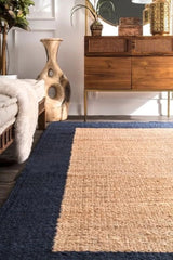 Natural Boho Area Rug with Blue Border – Eco-Friendly Home Decor