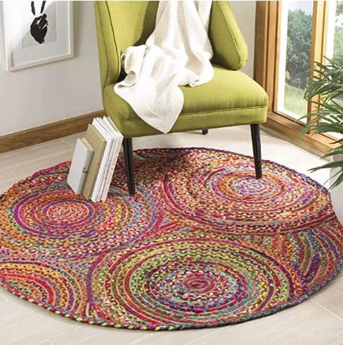 Handmade Indian Jute Rug – Colorful Braided Cotton Boho Floor Decor