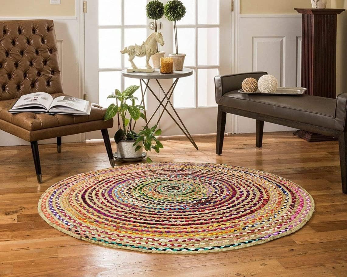 Indian Hand Braided Multicolor Jute Chindi Cotton Rug