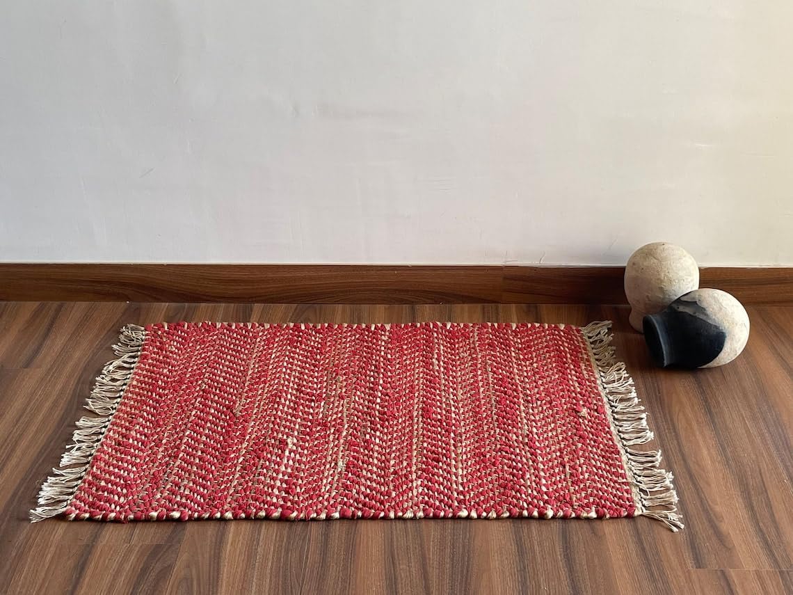 Hemp Dhurrie Rugs, Traditional Red  Footboard entryway Rug Chic Victorian Hipster