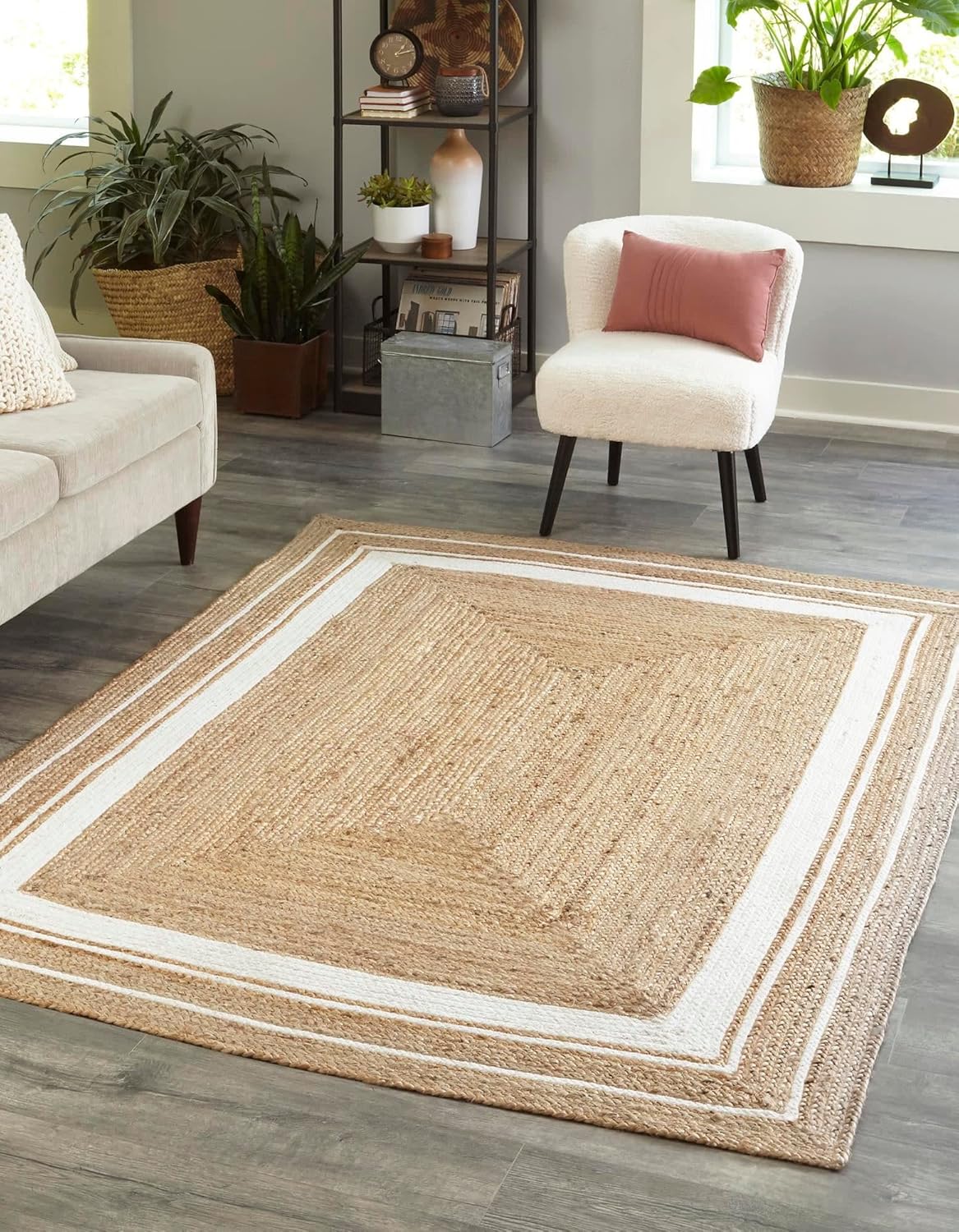 White Braided Border Bohemian  Natural Fiber Rugs