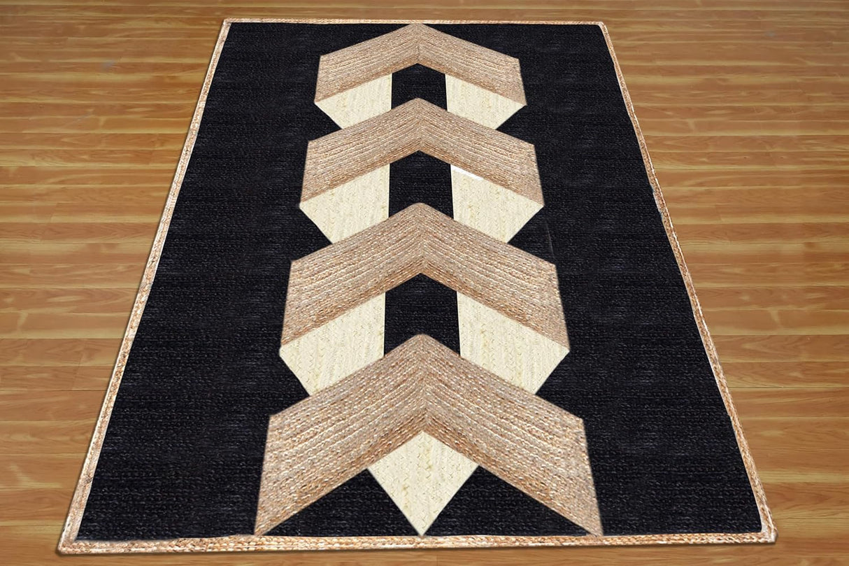 Unique Design Geometric Hand Woven Beige Black  Indian Area Rugs for Living Room, Hall
