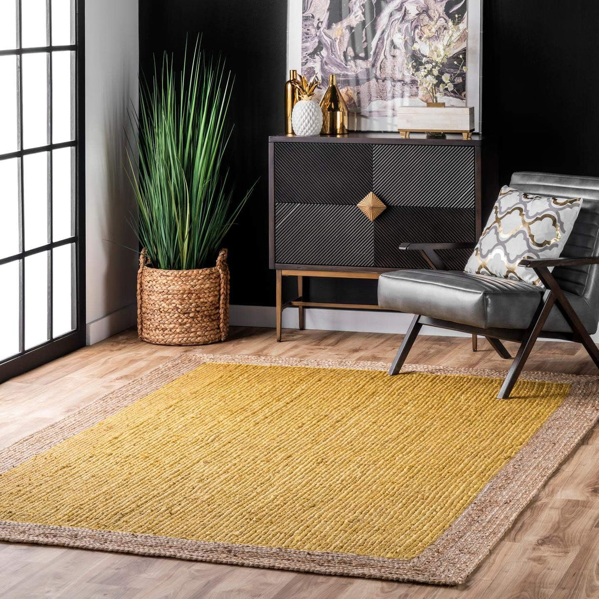 Natural Jute Area Rug – Yellow with Beige Border for Bright Home Decor
