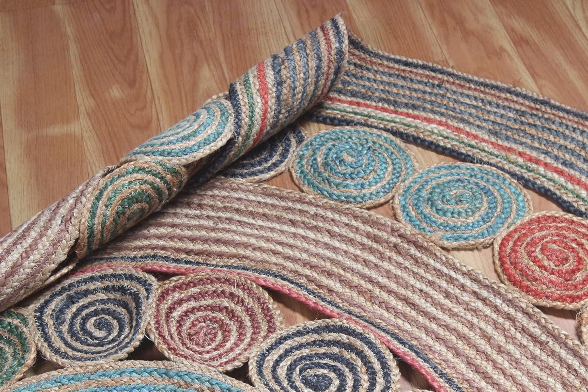 Geometric Beige & Multicolor Colorful Jute Chindi Cotton Area Rug