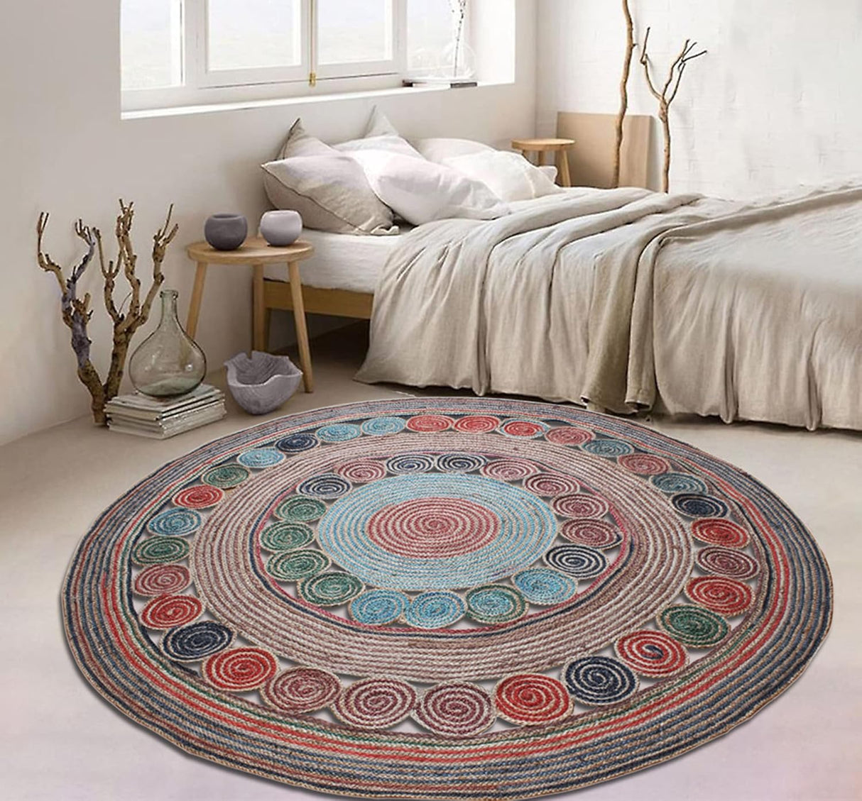 Geometric Beige & Multicolor Colorful Jute Chindi Cotton Area Rug