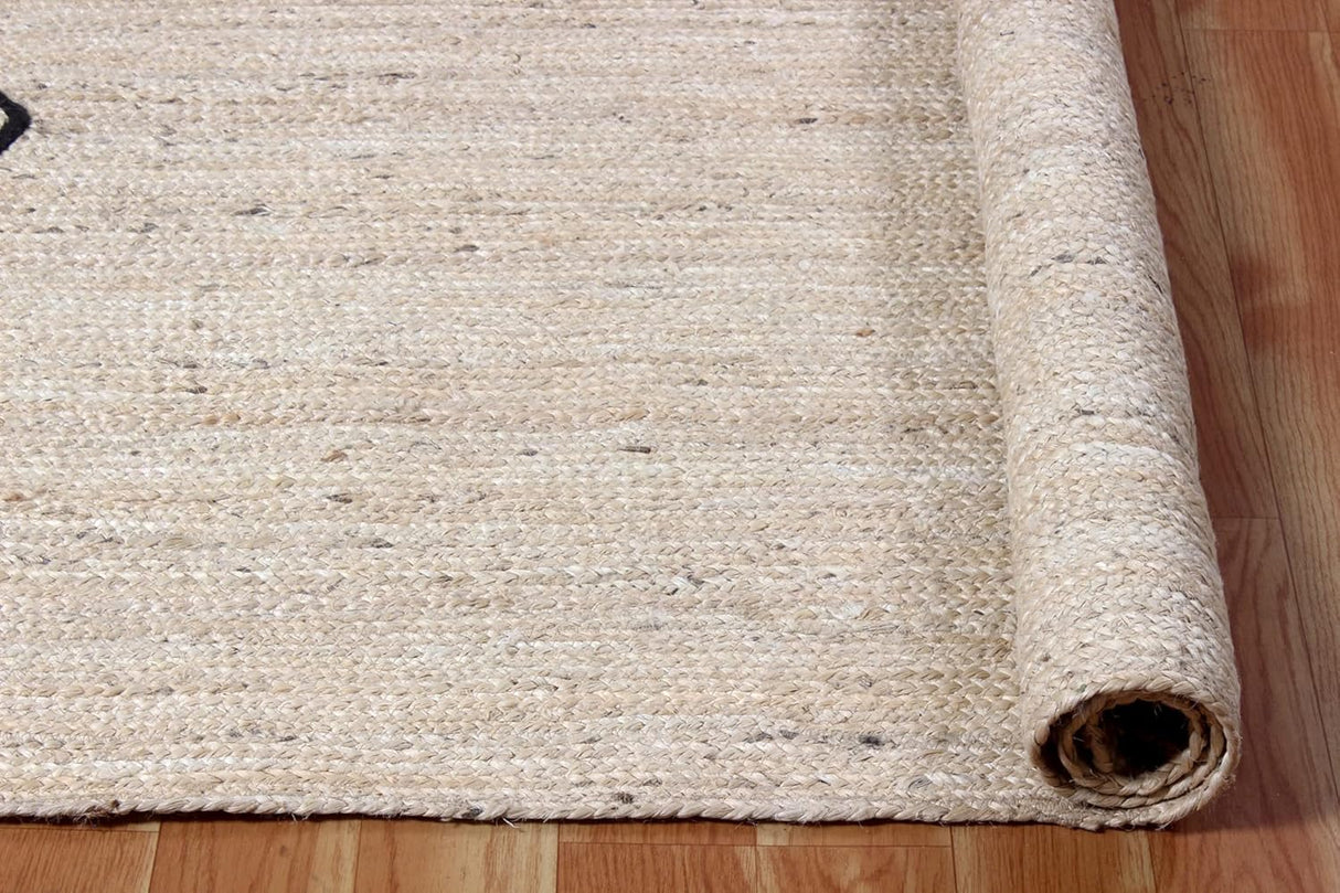 Geometric Black Beige Jute Rug - Handmade Indian Braided Floor Mat