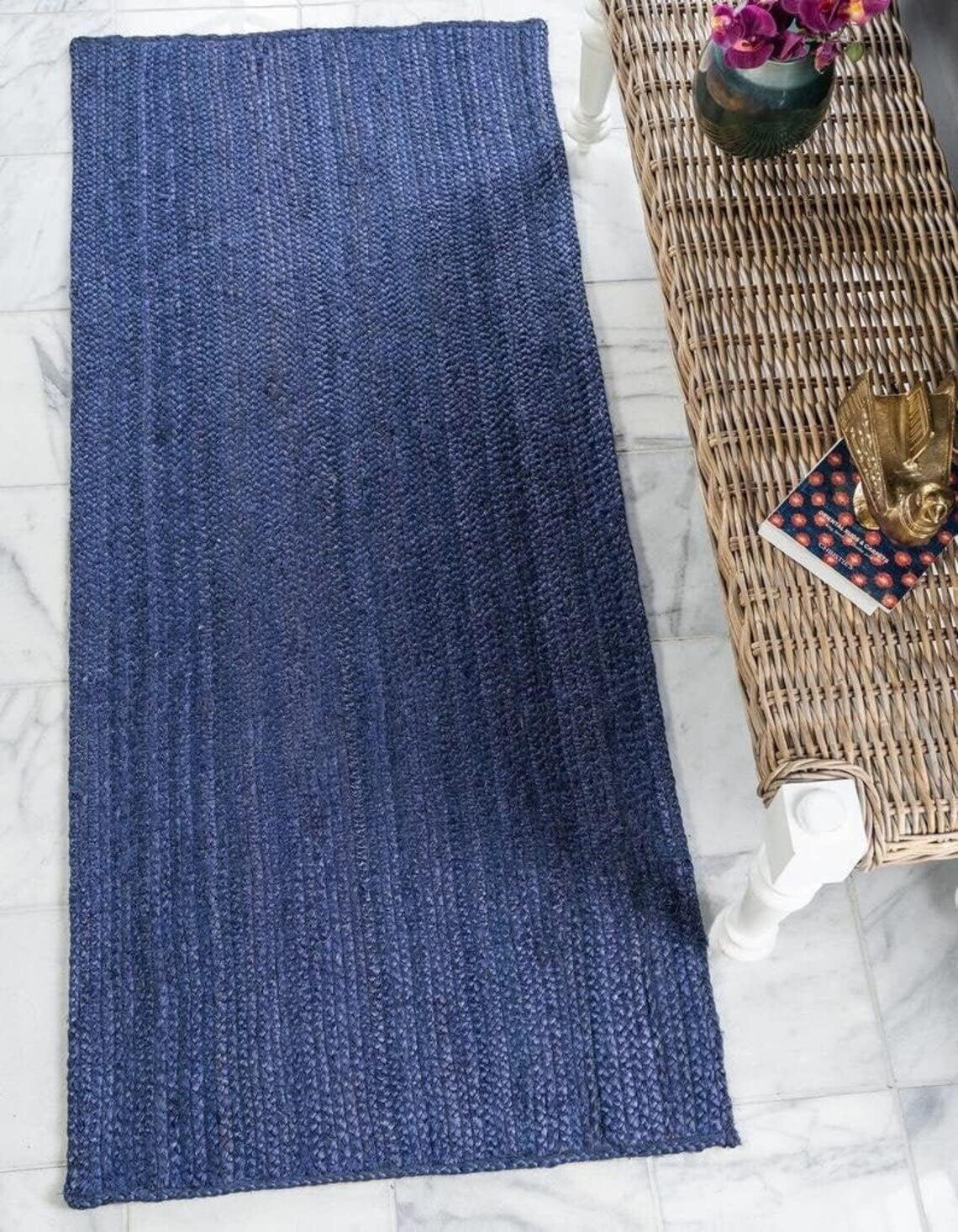Natural Jute Hand Braided Bohemian Blue Jute Area Rugs