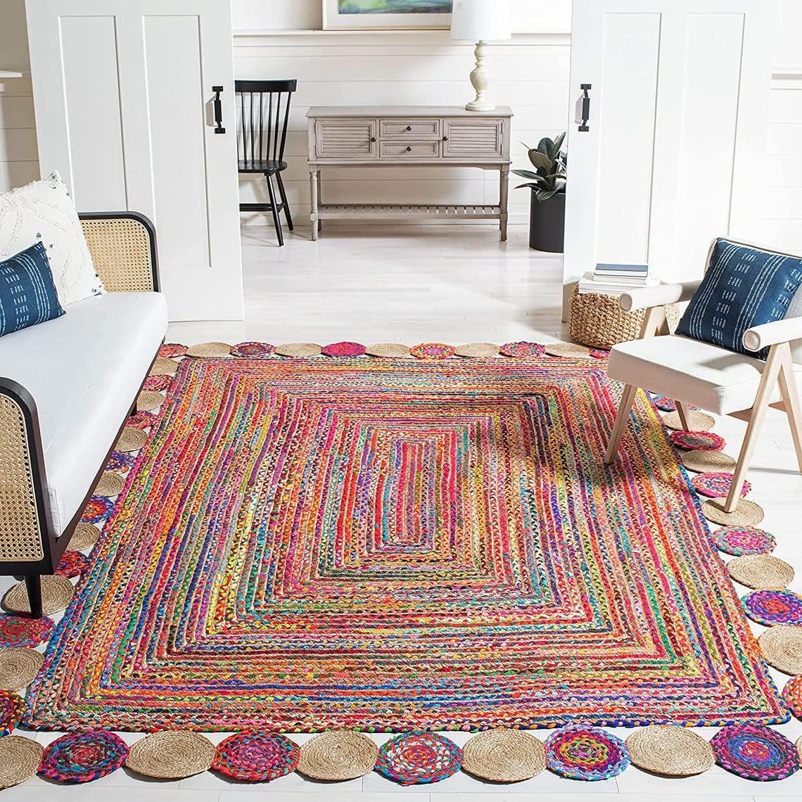 Handmade Recycled Chindi Rug – Braided Jute Cotton Pinwheel Design