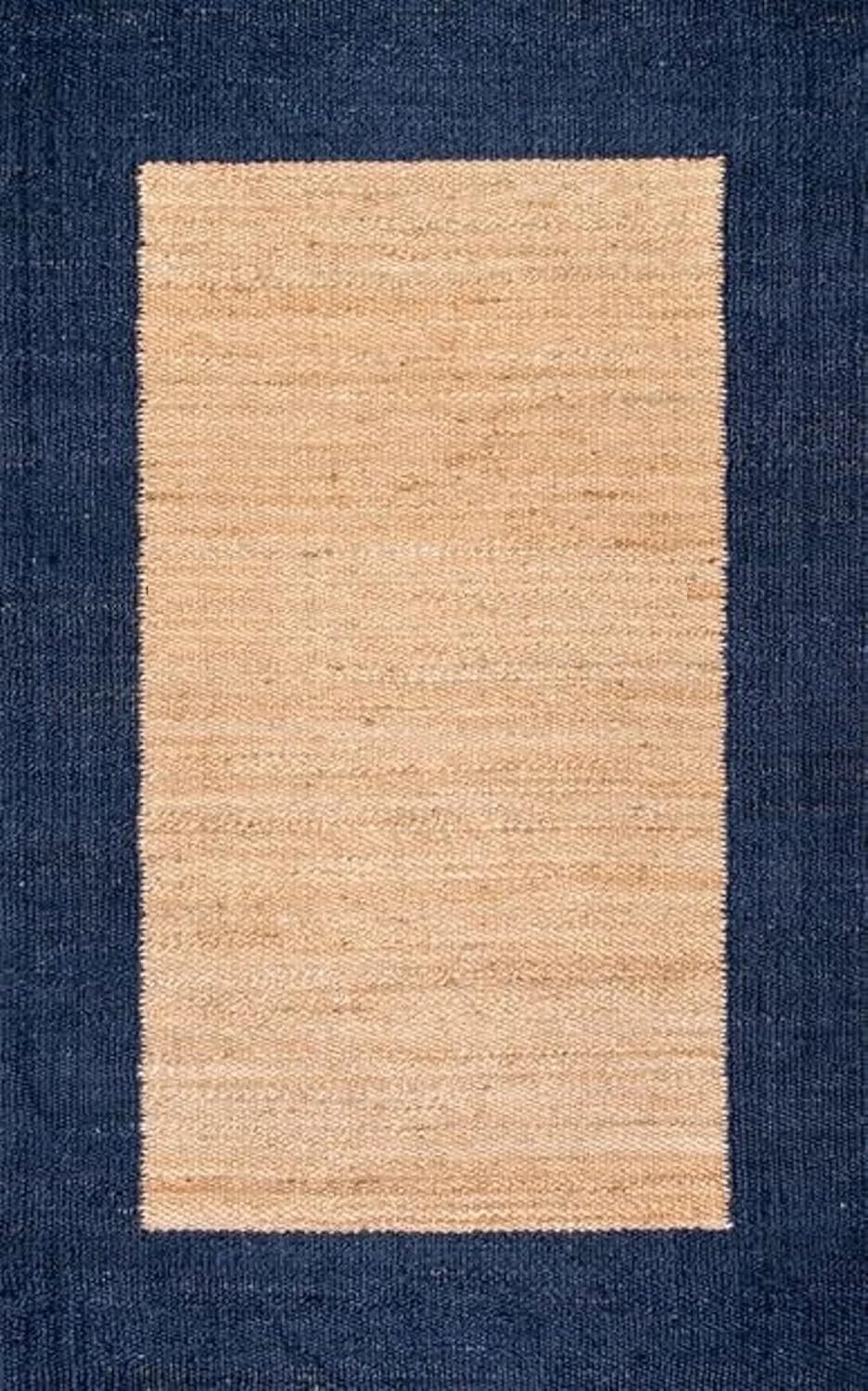 Natural Boho Area Rug with Blue Border – Eco-Friendly Home Decor