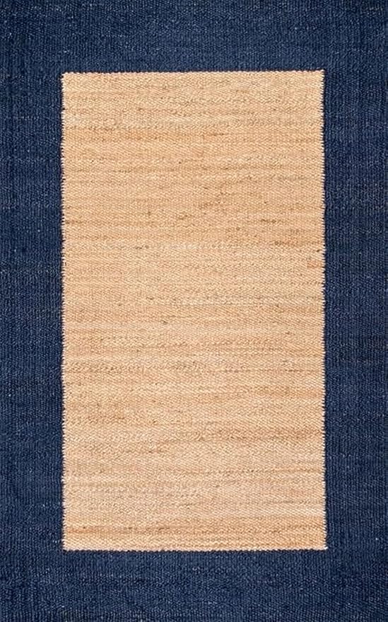 Natural Boho Area Rug with Blue Border – Eco-Friendly Home Decor