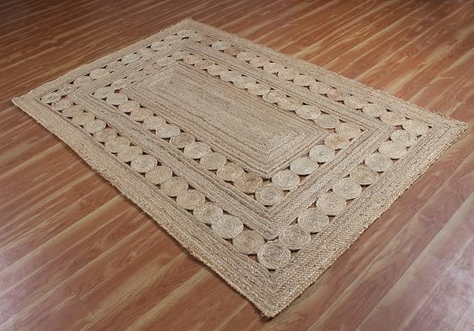 Indian Handmade Jute Rugs Geometric Beige Hand Braided Rag Rug for Doorway Door Mate