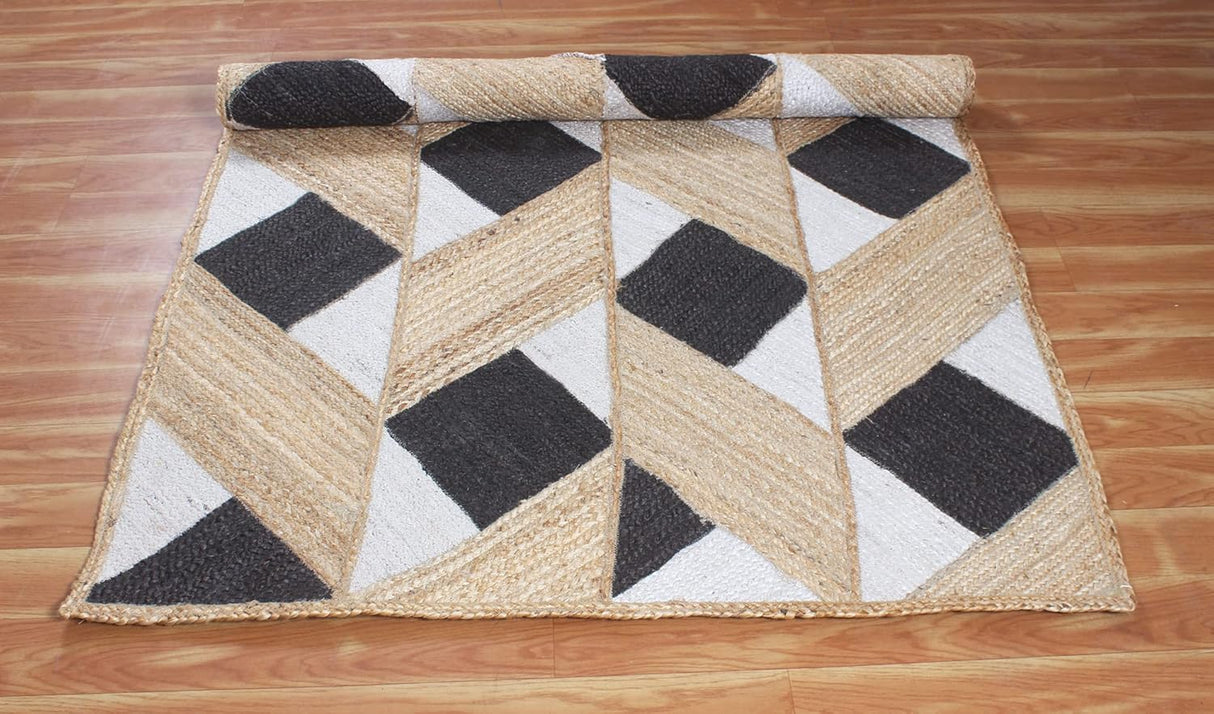 Unique Design Geometric Hand Woven Beige Black  Indian Area Rugs for Living Room, Hall