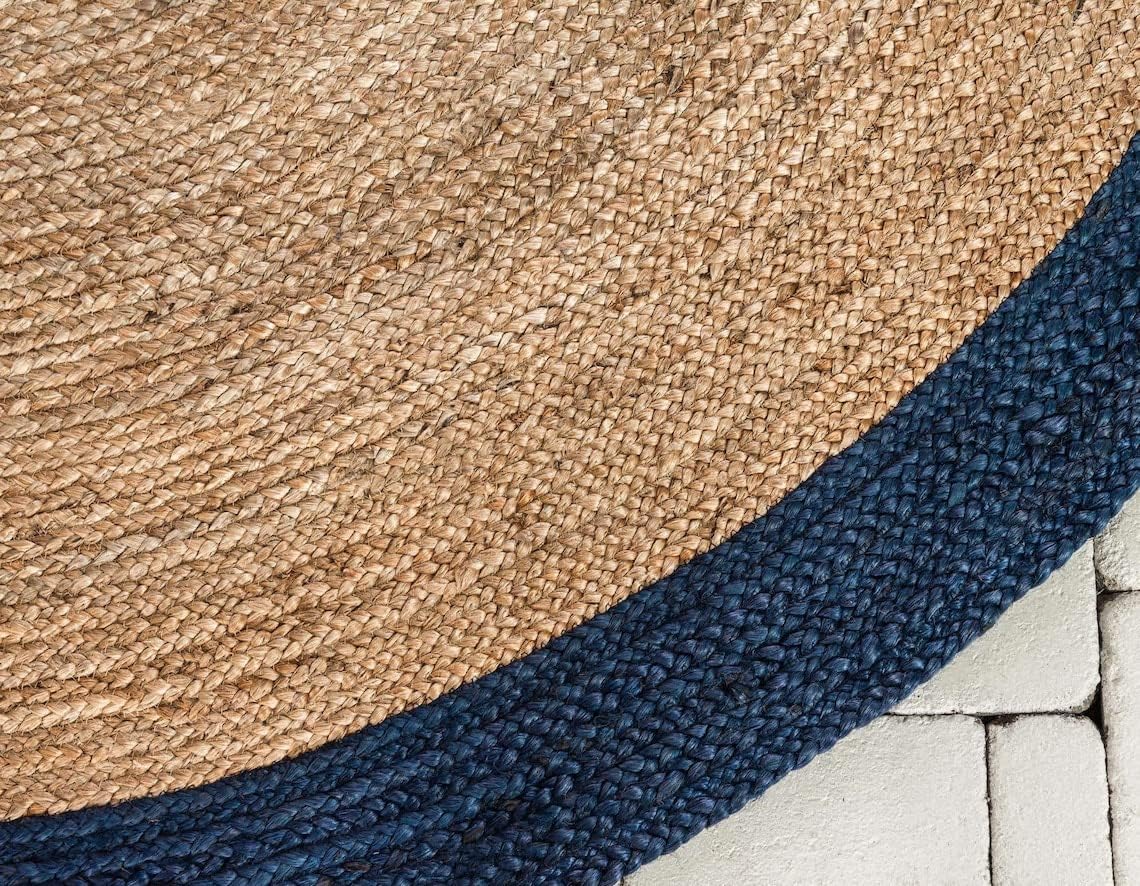 Natural Boho Area Rug with Blue Border – Eco-Friendly Home Decor