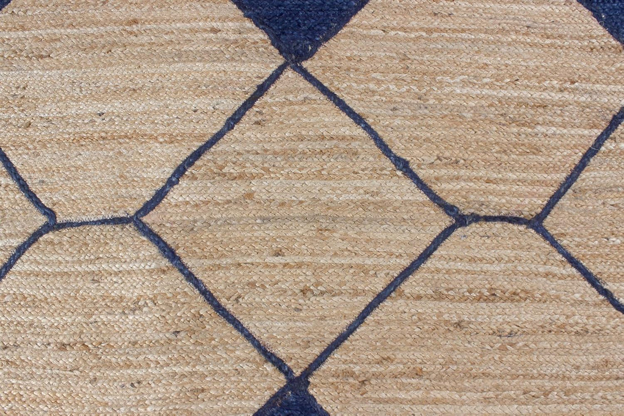 Indian Natural Vintage Rag Rug Geometric Blue & Beige Jute Area Rug